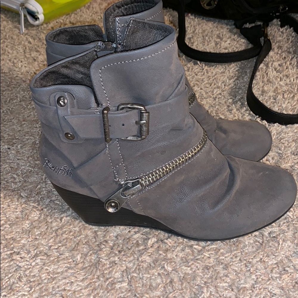 Blowfish Malibu Gray Ankle Wedge Boots - Classic Zip & Buckle